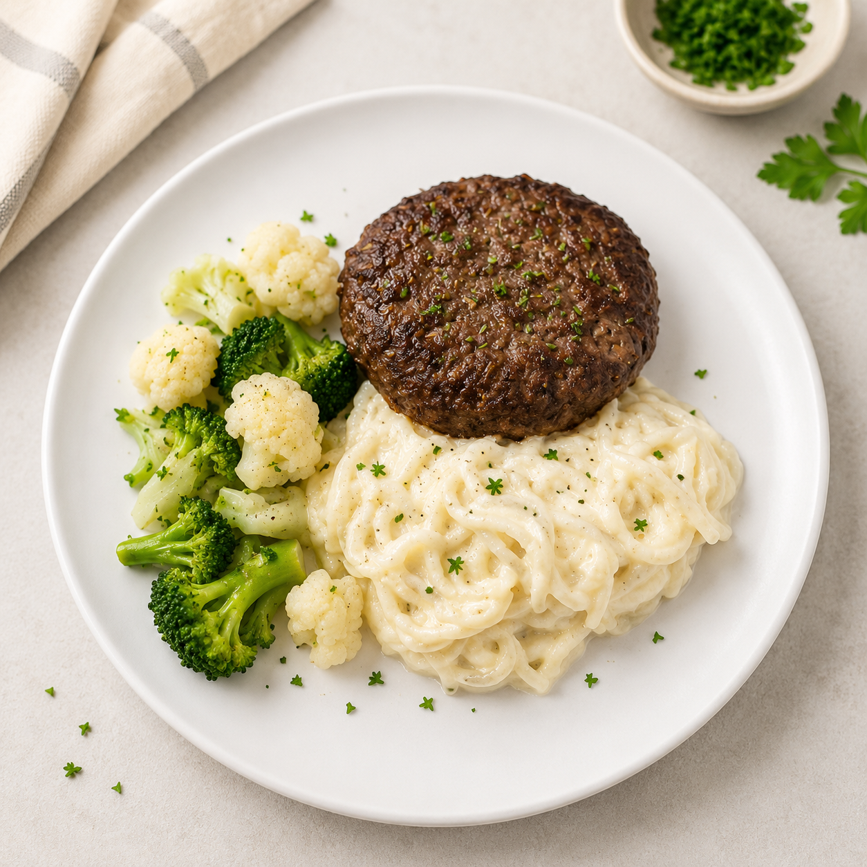 Beef burger patties wtih white rice noodles in Creamy cauliflower garlic mash