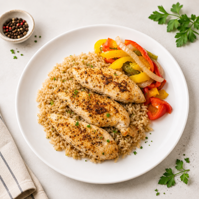Chicken breast with parboiled rice cooked in bone broth & peppers