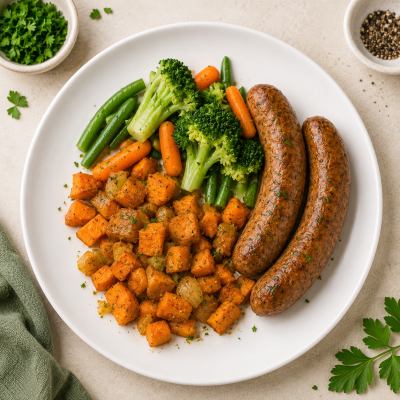 Jerk chicken sausages with sweet potatoes