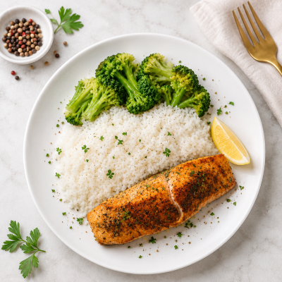 Pan seared Salmon with Jasmine rice & steamed broccoli