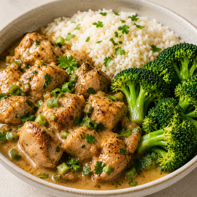 Stew chicken with parboiled rice & broccoli