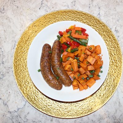 Jerk chicken sausages w/ sweet potatoes & broccoli