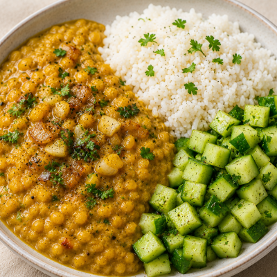 Daal & rice w/diced cucumbers