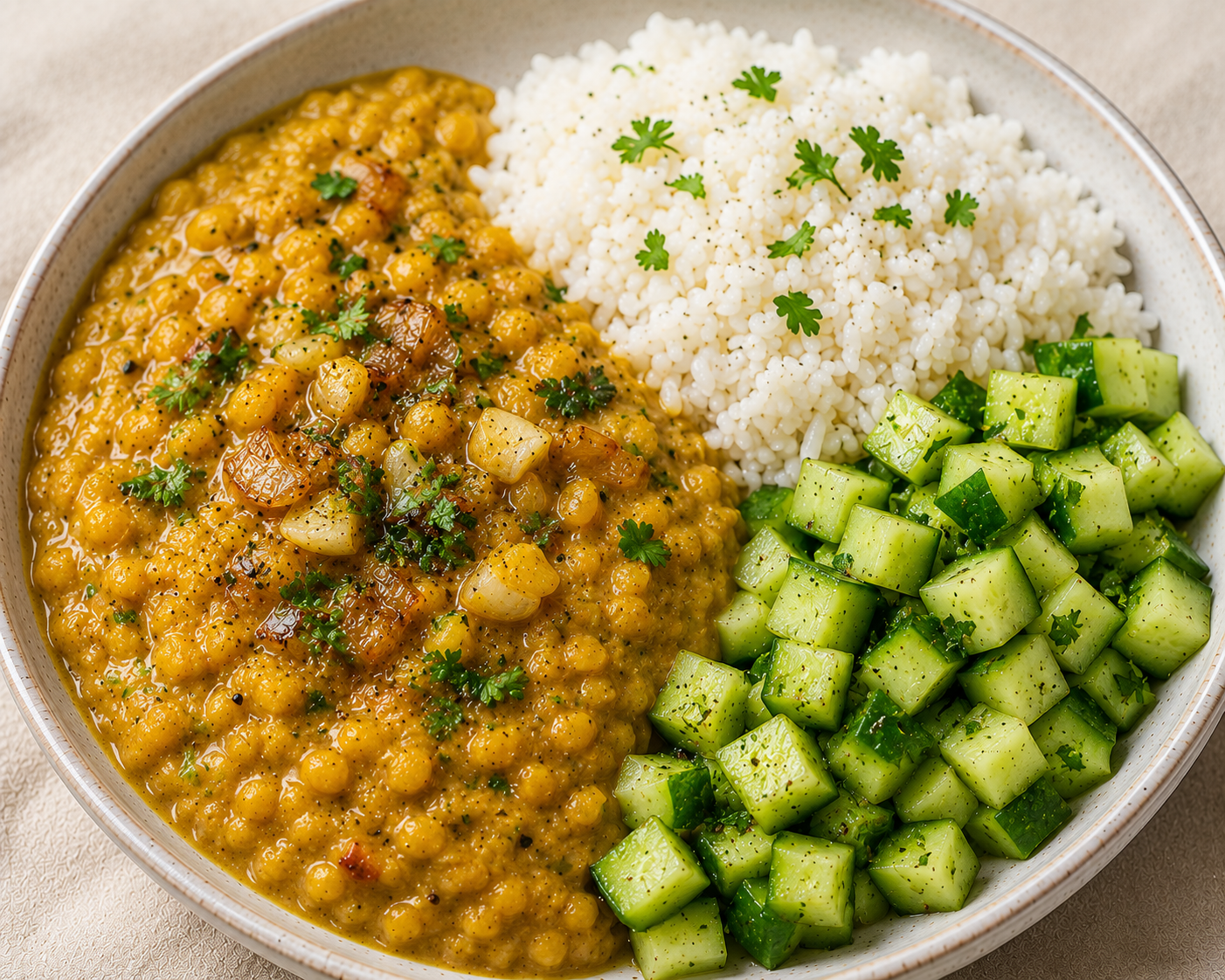 Daal & rice w/diced cucumbers