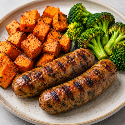 Jerk chicken sausages w/ sweet potatoes & broccoli