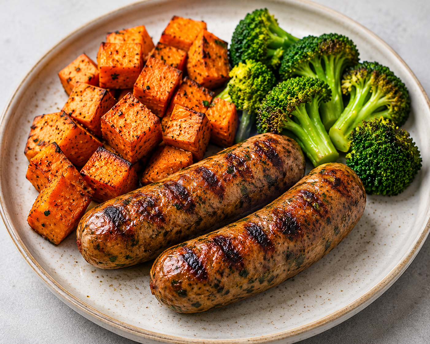 Jerk chicken sausages w/ sweet potatoes & broccoli